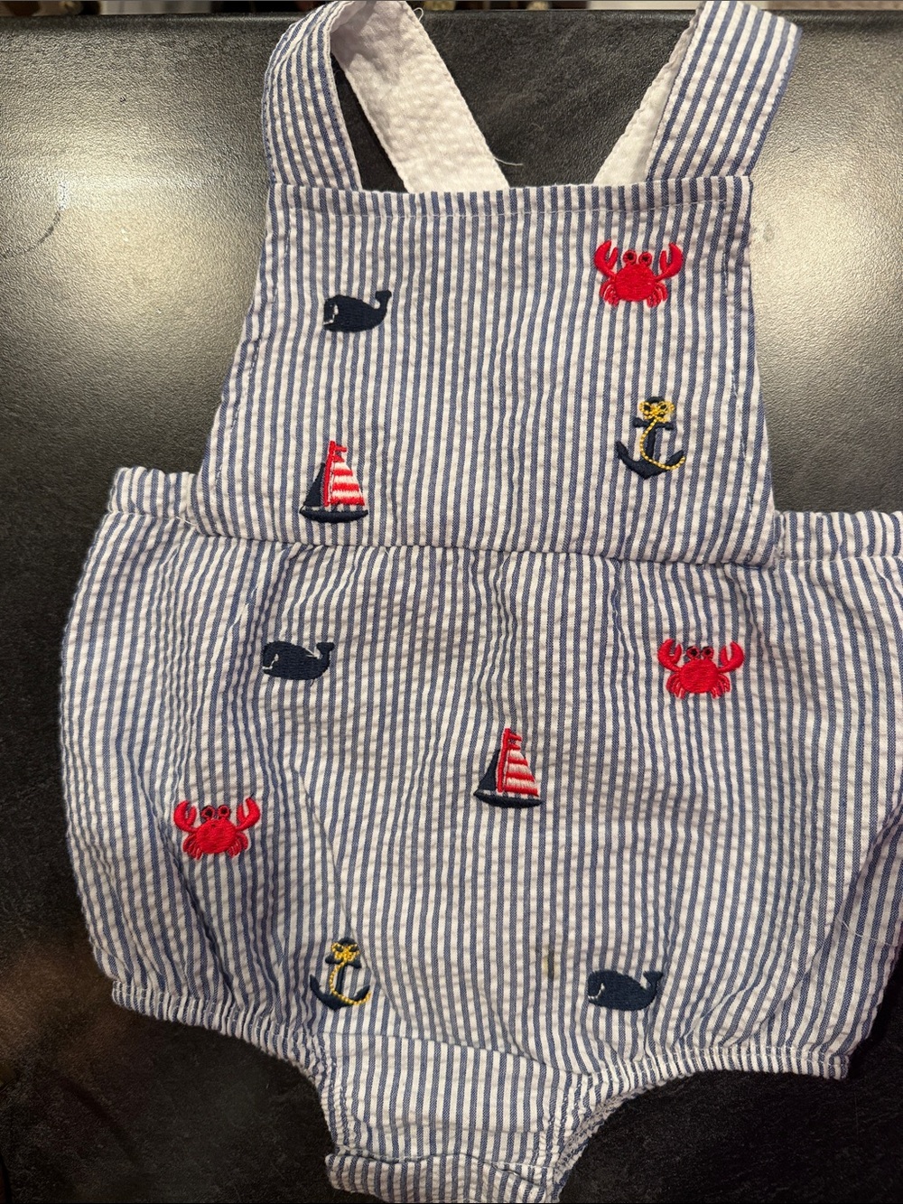 Mud Pie Navy and White Striped Nautical Embroidered Bubble Romper
